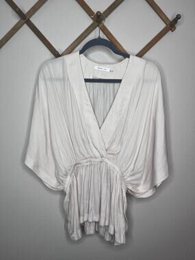 Mustard Seed Womens Medium Cream Deep V-Neck Kimono Sleeve Cinched Waist Top